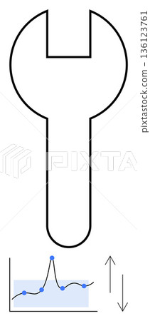 Business intelligence, performance analytics, data management, tool functionality, maintenance tracking, improvement. Wrench symbol above a graph with arrows. Performance analytics and data 136123761