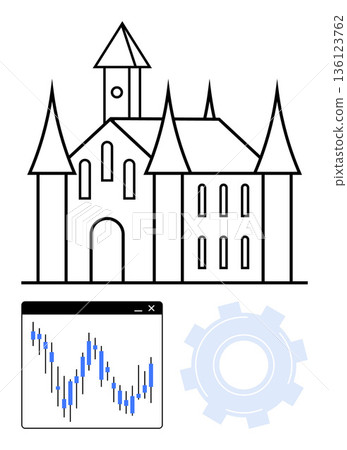 Business analytics, data visualization, technology integration, architecture, innovation, economic growth. A castle with a stock market chart and gear. Business analytics and data visualization 136123762