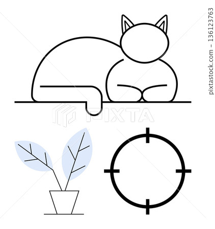 Pet care, home decor, minimalism, nature, focus, simplicity. Line art of a sitting cat, potted plant and target symbol. Pet care and home decor concepts combined in a minimal style 136123763