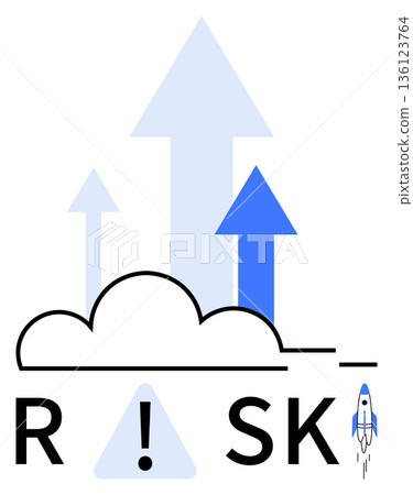 Business success, decision-making, startup growth, financial risk, visionary planning, innovation. Arrows pointing upwards, cloud rocket graphic. Business success and startup growth concept 136123764