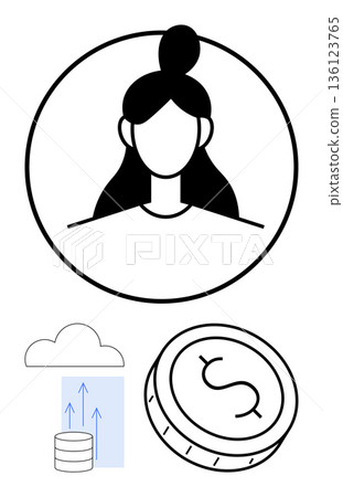 Financial technology, user identity, cloud storage, digital currency, online security, economy. Outline design of a female avatar, cloud data upload and coin. Financial technology and user identity 136123765