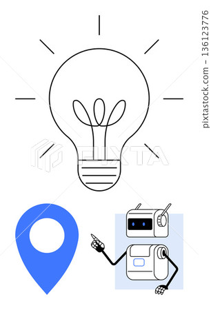 Creativity, artificial intelligence, technology, navigation, innovation, futuristic services. Light bulb, location marker cartoon robot pointing. Creativity and artificial intelligence concept Creativity, artificial intelligence, technology, navigation, innovation, futuristic services. Light bulb, location marker cartoon robot pointing. Creativity and artificial intelligence concept 136123776