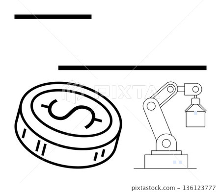 Financial technology, automation, cryptocurrency, industrial innovation, digital economy, smart systems. A coin with a dollar sign and a robotic arm. Financial technology and automation concept Financial technology, automation, cryptocurrency, industrial innovation, digital economy, smart systems. A coin with a dollar sign and a robotic arm. Financial technology and automation concept 136123777