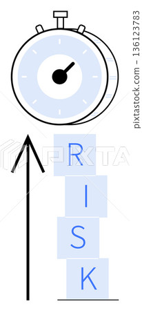 Business strategy, risk management, decision-making, time efficiency, goal setting, success planning. Rising arrow pointing to letters RISK and a stopwatch. Risk management and business strategy 136123783