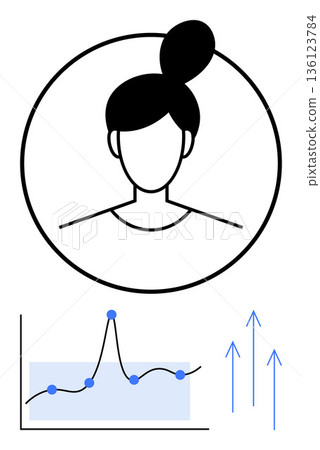 Data analysis, business growth, user demographics, strategy, digital marketing, analytics. Female profile inside a circle, chart with points and arrows indicating growth. Data analysis and business 136123784