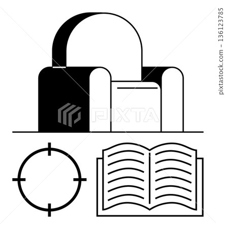 Education, reading, learning spaces, focus, relaxation, interior design. An armchair, open book and focus symbol in a clean black and white style. Reading and focus 136123785