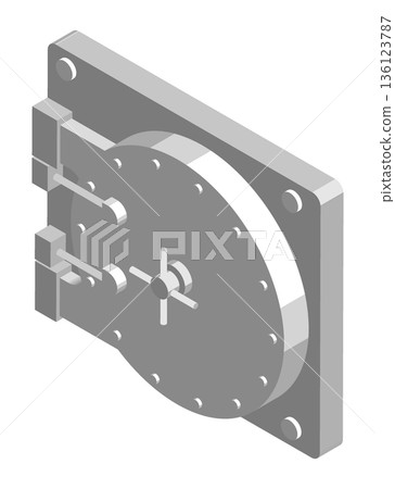 Isometric cosed entrance to bank vault protected by thick armored door with combination lock and screw handle. Isolated cartoon vector on white background top view Isometric cosed entrance to bank vault protected by thick armored door with combination lock and screw handle. Isolated cartoon vector on white background top view 136123787