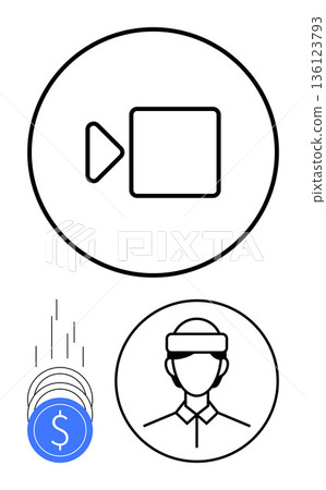 Digital marketing, online streaming, monetization, virtual reality, content creation, future technology. Black linear video icon, VR headset outline falling coins. Digital marketing and online 136123793