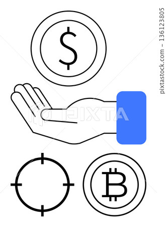 Financial planning, cryptocurrency, digital currency, mobile payments, earning money, economic goals. Hand holding a dollar symbol, Bitcoin icon and target sign. Financial planning 136123805