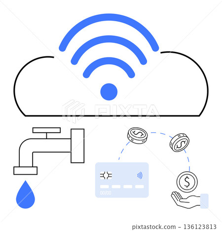 Digital transactions, fintech, resource management, cloud computing, financial flow, sustainability. Cloud icon, faucet dripping water money and card. Digital transactions and fintech concept 136123813