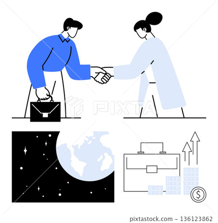 Business partnerships, global trade, investments, financial growth, teamwork, career opportunity. Two people handshake and business symbols. Business partnerships and global trade concept Business partnerships, global trade, investments, financial growth, teamwork, career opportunity. Two people handshake and business symbols. Business partnerships and global trade concept 136123862