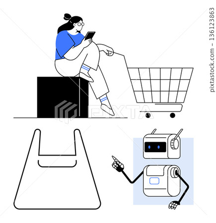 Online shopping, digital retail, robotic assistance, checkout systems, customer service, automation. Woman using smartphone with cart, robot pointing and shopping bag symbol. Online shopping Online shopping, digital retail, robotic assistance, checkout systems, customer service, automation. Woman using smartphone with cart, robot pointing and shopping bag symbol. Online shopping 136123863