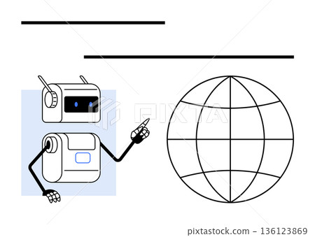 Education, global technology, innovation, artificial intelligence, connectivity, digital learning. A robot pointing at a globe, AI s role in global connectivity and technology. Education and global Education, global technology, innovation, artificial intelligence, connectivity, digital learning. A robot pointing at a globe, AI s role in global connectivity and technology. Education and global 136123869