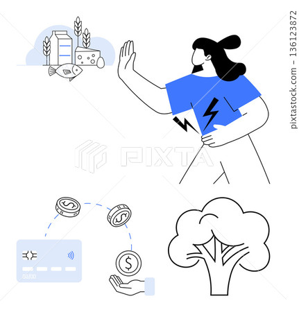 Sustainability, eco-conscious living, renewable energy, technology, financial transactions, environmental protection. Person refusing food, digital payment process tree illustration. Eco-conscious 136123872