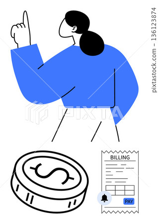 Budgeting, digital transactions, financial planning, billing management, online payments, notifications. Woman gesturing, coin symbol and bill notification. Budgeting and digital transactions Budgeting, digital transactions, financial planning, billing management, online payments, notifications. Woman gesturing, coin symbol and bill notification. Budgeting and digital transactions 136123874