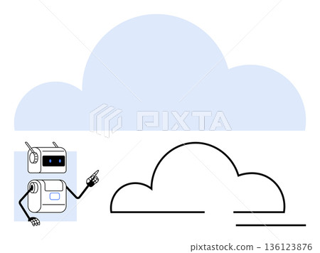 Cloud technology, artificial intelligence, data storage, automation, digital innovation, futuristic ideas. Robot pointing at a cloud . Cloud technology and artificial intelligence concept Cloud technology, artificial intelligence, data storage, automation, digital innovation, futuristic ideas. Robot pointing at a cloud . Cloud technology and artificial intelligence concept 136123876