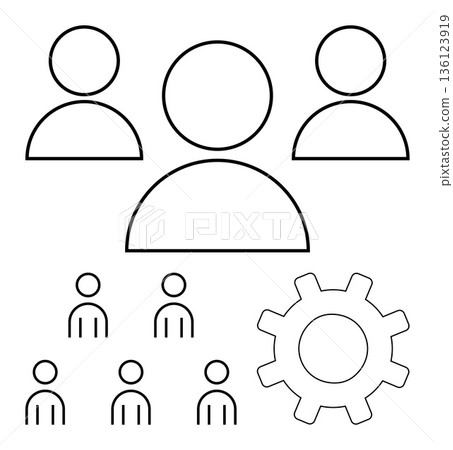 Team management, business organization, workflow process, collaboration, leadership, teamwork. Outline of people icons and a gear symbol. Team management and business organization concept Team management, business organization, workflow process, collaboration, leadership, teamwork. Outline of people icons and a gear symbol. Team management and business organization concept 136123919