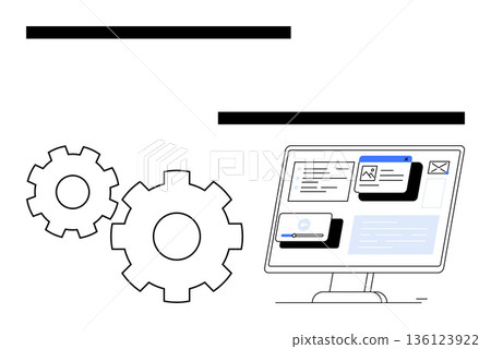 Technology, workflow automation, digital innovation, systems processing, software development, business operations. Computer screen displays interface elements next to gears. Technology and workflow 136123922