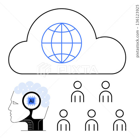Artificial intelligence, cloud storage, global connectivity, data sharing, teamwork, future technology. AI head with chip, cloud with globe and people figures. Artificial intelligence and cloud Artificial intelligence, cloud storage, global connectivity, data sharing, teamwork, future technology. AI head with chip, cloud with globe and people figures. Artificial intelligence and cloud 136123925