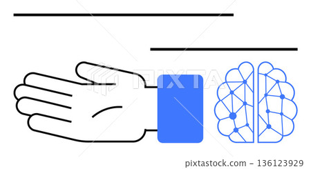 Artificial intelligence, human connection, machine learning, neural networks, technology interaction, digital future. Open hand alongside a geometric brain design. Artificial intelligence and human 136123929