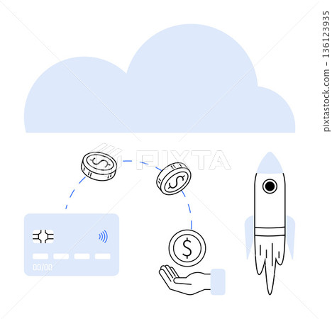Digital payments, cloud computing, money transfer, business growth, economic transactions, innovation. Minimal design with cloud, credit card coins hand and rocket. Digital payments and cloud Digital payments, cloud computing, money transfer, business growth, economic transactions, innovation. Minimal design with cloud, credit card coins hand and rocket. Digital payments and cloud 136123935