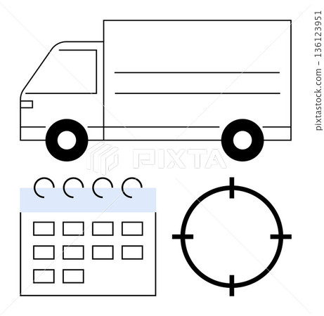 Logistics, scheduling, goal setting, delivery, distribution, and time management. Minimal truck, calendar and target symbols. Logistics and scheduling concept for efficient operations Logistics, scheduling, goal setting, delivery, distribution, and time management. Minimal truck, calendar and target symbols. Logistics and scheduling concept for efficient operations 136123951