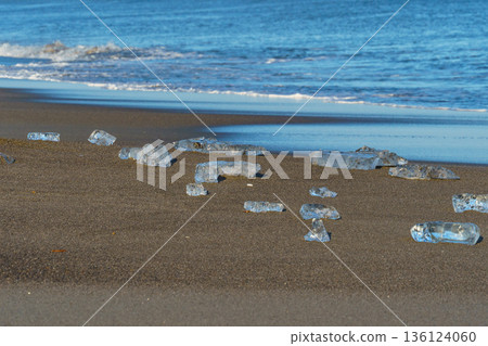 Jewelry ice washing up on Otsu Coast, Tokachi River Estuary, Hokkaido, Japan. 136124060