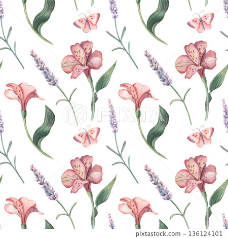 Seamless pattern, alstroemeria, lavender, butterfly. Hand-painted watercolor botanical illustration isolated on white for textile, packaging, stationery, wallpaper, branding, wedding design, decor 136124101