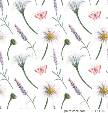 Seamless pattern, chrysanthemum, lavender, butterfly. Hand-painted watercolor botanical illustration isolated on white for textile, packaging, stationery, wallpaper, branding, wedding design, decor 136124102