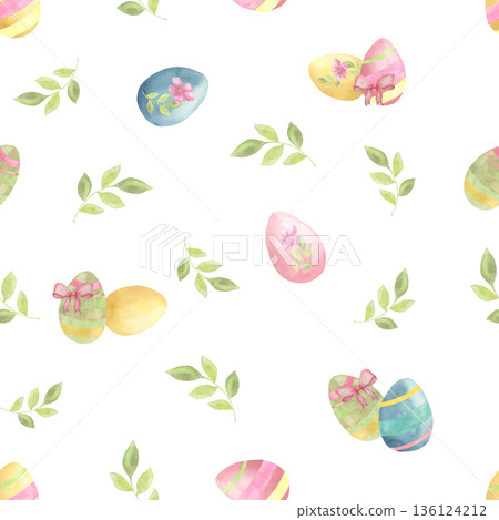 Seamless Watercolor Easter Egg Pattern with Leaves and Bows on White Seamless Watercolor Easter Egg Pattern with Leaves and Bows on White 136124212