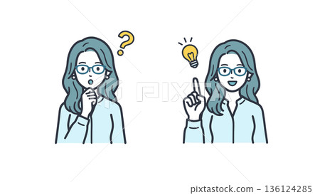 從疑惑到靈感：一位沉思的女性和一盞創意燈泡。解決問題概念的向量插圖。 136124285