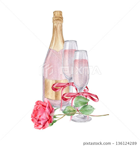 Romantic Watercolor illustration of pink champagne bottle , two glasses with bows and a red rose . elegant valentines day or wedding floral design  136124289