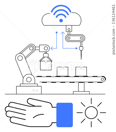 Smart manufacturing, automation, IoT, connectivity, robotics, modern industry. Robotic arm, conveyor belt cloud symbol with wireless connection. Smart manufacturing and automation technologies Smart manufacturing, automation, IoT, connectivity, robotics, modern industry. Robotic arm, conveyor belt cloud symbol with wireless connection. Smart manufacturing and automation technologies 136124461