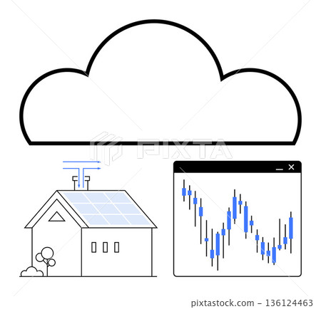 Renewable energy, cloud computing, IoT devices, energy analytics, smart homes, sustainability. Solar-powered house and data chart under a cloud graphic. Renewable energy and cloud computing concept 136124463