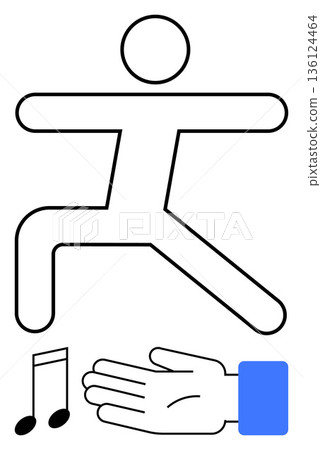 Dance, rhythm, movement, teamwork, celebration, performance. A stick figure in a dynamic pose with music notes and a hand side view. Dance and rhythm conceptual visualization 136124464