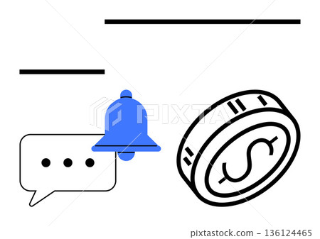 Notifications, finance, digital communication, online payments, alerts, messaging. A chat bubble, bell and coin dollar sign. Notifications and finance concepts highlighted in a minimal design 136124465
