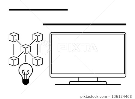 Blockchain, innovation, decentralized systems, digital solutions, networking, knowledge sharing. A monitor, interconnected blocks and light bulb. Blockchain and innovation concept Blockchain, innovation, decentralized systems, digital solutions, networking, knowledge sharing. A monitor, interconnected blocks and light bulb. Blockchain and innovation concept 136124468