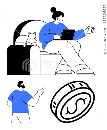 Remote work, freelance economy, digital communication, online income, teamwork, money management. A person works on a laptop, another points and a dollar coin is . Remote work and online income Remote work, freelance economy, digital communication, online income, teamwork, money management. A person works on a laptop, another points and a dollar coin is . Remote work and online income 136124471