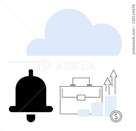 Business notifications, cloud technology, financial growth, data analytics, online services, productivity tools. A bell, cloud briefcase graphs stacks of coins. Cloud technology and business 136124476