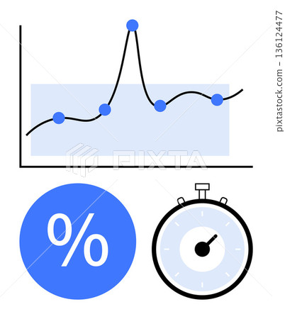 Data analysis, business planning, performance tracking, time management, financial insights, productivity. Line graph, percentage sign stopwatch. Data analysis and performance tracking concept 136124477