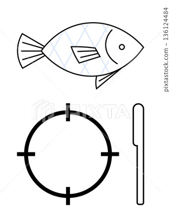 Fishing, hunting, analysis, precision, targeting, culinary techniques. Image includes a fish, a crosshair symbol and a knife. Fishing and hunting concepts are conveyed effectively 136124484