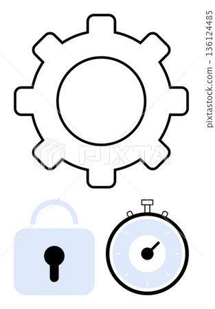 Security systems, time management, process optimization, technology tools, operational efficiency, user access. A gear icon, lock symbol and timer. Security systems and time management concept Security systems, time management, process optimization, technology tools, operational efficiency, user access. A gear icon, lock symbol and timer. Security systems and time management concept 136124485