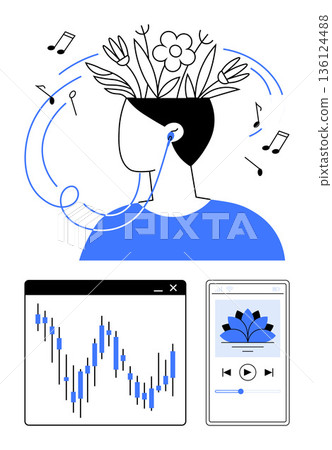 Music therapy, mindfulness, meditation apps, self-growth, financial wellness, personal development. Abstract person with music notes and plants, stock chart and phone app. Music therapy Music therapy, mindfulness, meditation apps, self-growth, financial wellness, personal development. Abstract person with music notes and plants, stock chart and phone app. Music therapy 136124488