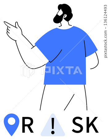 Decision making, risk management, business strategy, warning signs, guidance, uncertainty. A person pointing with risk-related symbols. Risk management and warning signs concept 136124493