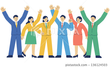 An illustration of a diverse business team celebrating after achieving a goal and raising their arms in the air amid fluttering confetti 136124503