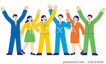 An illustration of a diverse business team celebrating after achieving a goal and raising their arms in the air amid fluttering confetti 136124504