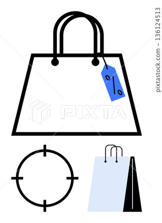 Retail promotions, e-commerce, shopping, business branding, sales targeting, consumer focus. Minimal shopping bag with a discount tag and focus symbol. Retail promotions and e-commerce 136124513
