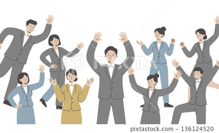 一幅插圖描繪了一個多元化的商業團隊在達成目標後慶祝的場景,他們在漫天飛舞的彩帶中高舉雙臂。 一幅插圖描繪了一個多元化的商業團隊在達成目標後慶祝的場景,他們在漫天飛舞的彩帶中高舉雙臂。 136124520