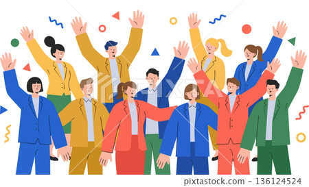 一幅插圖描繪了一個多元化的商業團隊在達成目標後慶祝的場景，他們在漫天飛舞的彩帶中高舉雙臂。 136124524