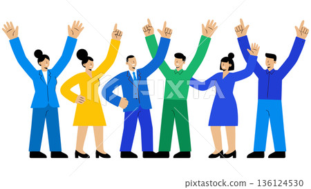 An illustration of a diverse business team celebrating after achieving a goal and raising their arms in the air amid fluttering confetti 136124530